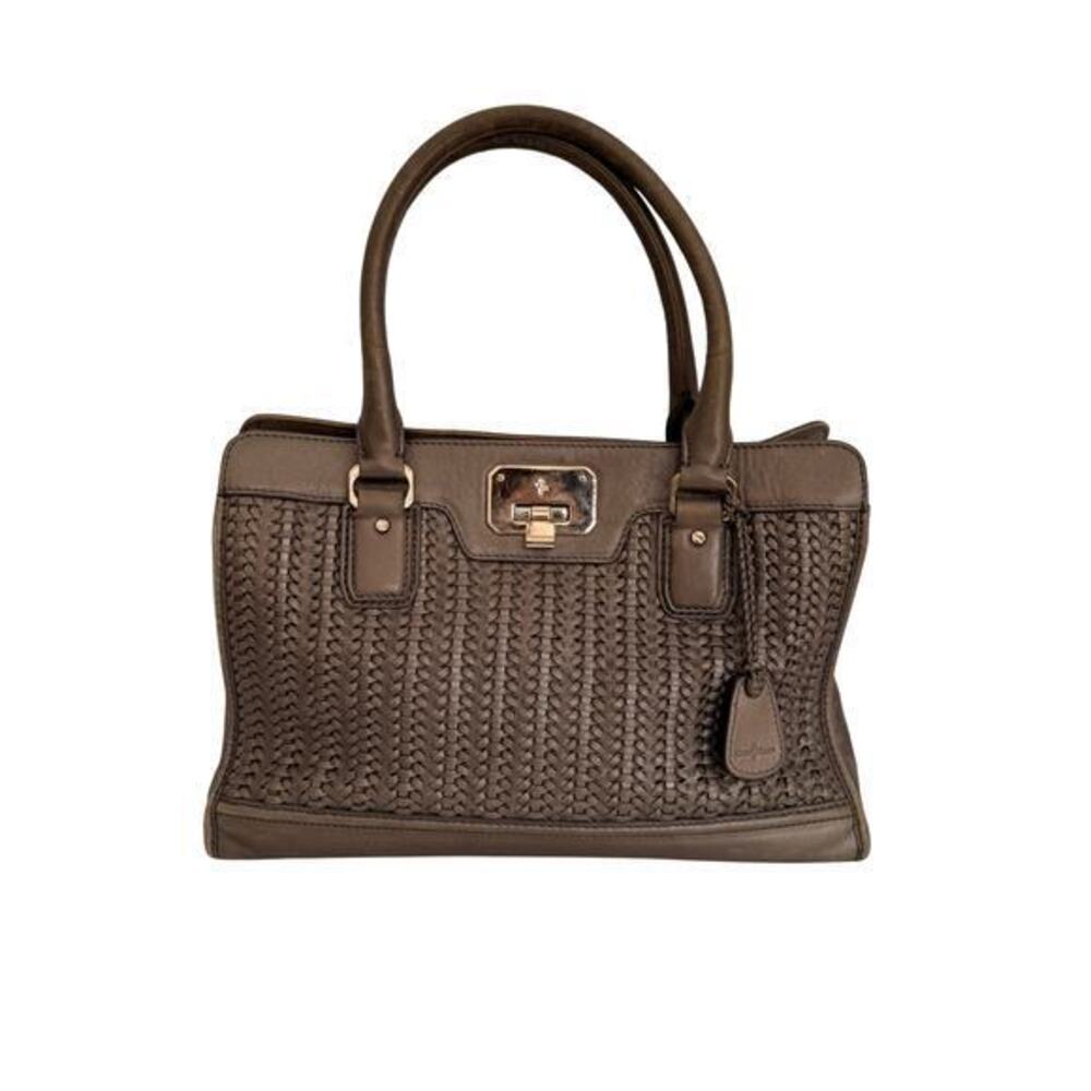 Cole Haan Woven Leather Satchel Taupe Brown Shoulder Bag Gold Hardware